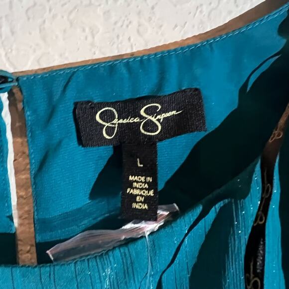 Jessica Simpson Fit & Flare Dress Women's Sz L Ocean Amella Chiffon Metallic NEW - Picture 3 of 7